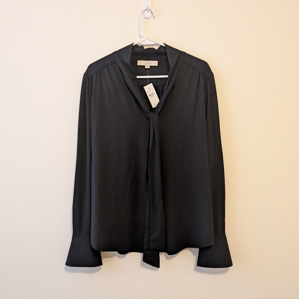 NWT LOFT Black Bow Blouse, Size Large